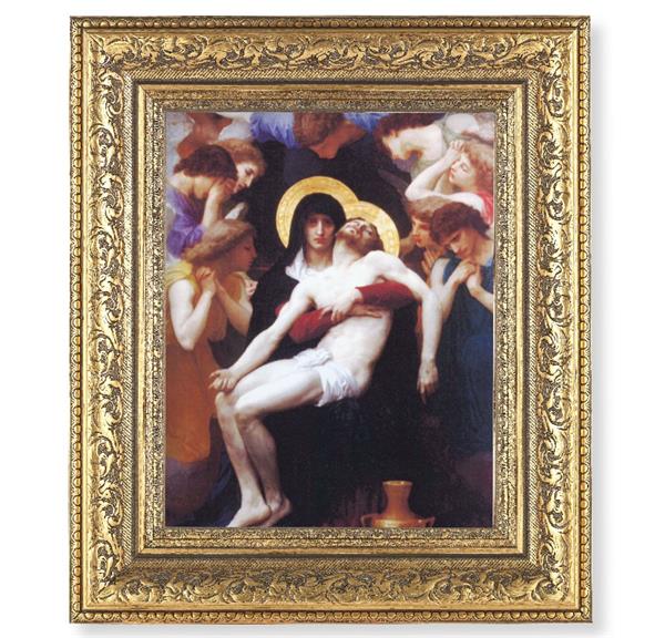 Pieta Picture, 12-1/2"x14-1/2, Antique Gold Leaf Carvings Ornate Frame, Italian Print Under Glass # 25491