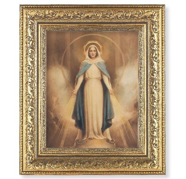 Miraculous Mary Picture, 12-1/2"x14-1/2, Antique Gold Leaf Carvings Ornate Frame, Italian Print Under Glass # 25492