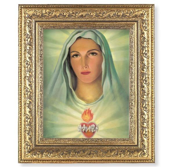 Immaculate Heart of Mary Picture, 12-1/2"x14-1/2, Antique Gold Leaf Carvings Ornate Frame, Italian Print Under Glass # 25493