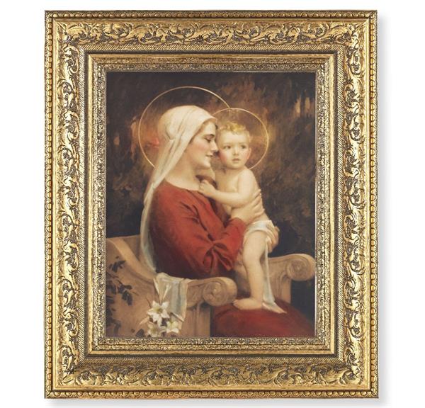 Madonna and Child Picture, 12-1/2"x14-1/2, Antique Gold Leaf Carvings Ornate Frame, Italian Print Under Glass # 25494