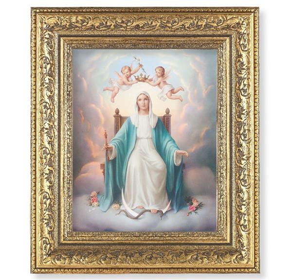 Queen of Heaven Picture, 12-1/2"x14-1/2, Antique Gold Leaf Carvings Ornate Frame, Italian Print Under Glass # 25495