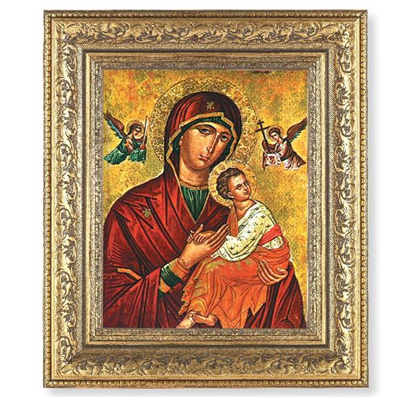 Our Lady of Passion Picture, 12-1/2"x14-1/2, Antique Gold Leaf Carvings Ornate Frame, Italian Print Under Glass # 25496