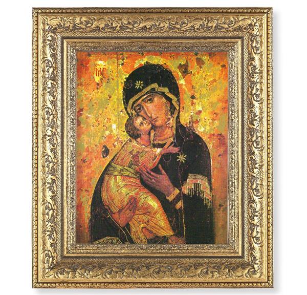 Our Lady of Vladimir Picture, 12-1/2"x14-1/2, Antique Gold Leaf Carvings Ornate Frame, Italian Print Under Glass # 25497