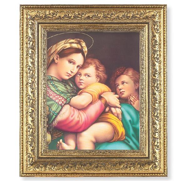 Madonna and Child Picture, 12-1/2"x14-1/2, Antique Gold Leaf Carvings Ornate Frame, Italian Print Under Glass # 25498