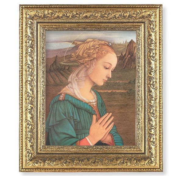 Lippi: Madonna Picture, 12-1/2"x14-1/2, Antique Gold Leaf Carvings Ornate Frame, Italian Print Under Glass # 25499