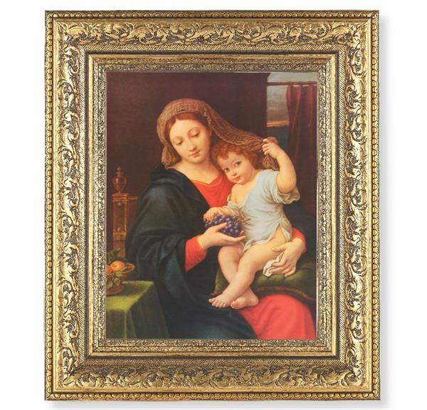 Madonna of The Grapes Picture, 12-1/2"x14-1/2, Antique Gold Leaf Carvings Ornate Frame, Italian Print Under Glass # 25500