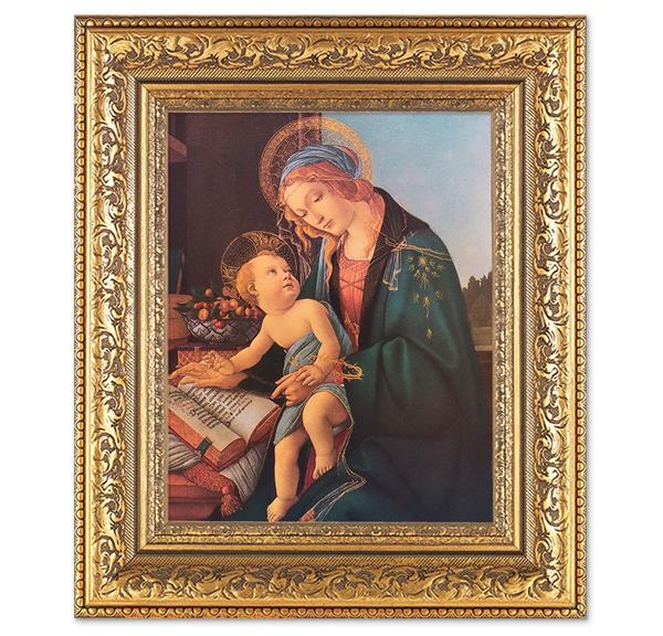 Madonna and Child Picture, 12-1/2"x14-1/2, Antique Gold Leaf Carvings Ornate Frame, Italian Print Under Glass # 25501