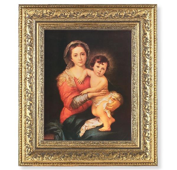 Madonna and Child Picture, 12-1/2"x14-1/2, Antique Gold Leaf Carvings Ornate Frame, Italian Print Under Glass # 25502