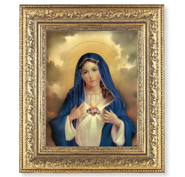 Immaculate Heart of Mary Picture, 12-1/2"x14-1/2, Antique Gold Leaf Carvings Ornate Frame, Italian Print Under Glass # 25503