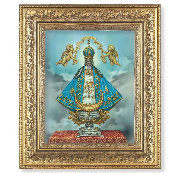 Virgen de San Juan Picture, 12-1/2"x14-1/2", Antique Gold Leaf Carvings Ornate Frame, Italian Print Under Glass # 25504