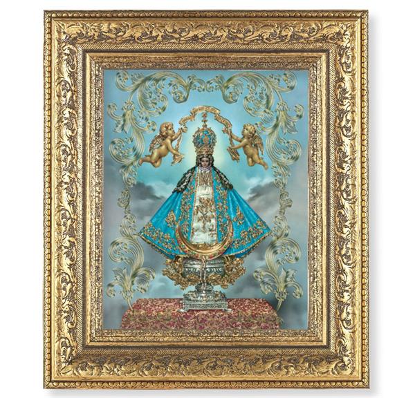 Virgen de San Juan Picture, 12-1/2"x14-1/2", Antique Gold Leaf Carvings Ornate Frame, Italian Gold Stamped Print Under Glass # 25505