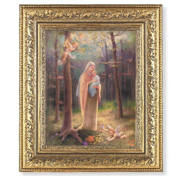 Madonna of the Woods Picture, 12-1/2"x14-1/2", Antique Gold Leaf Carvings Ornate Frame, Italian Print Under Glass # 25506