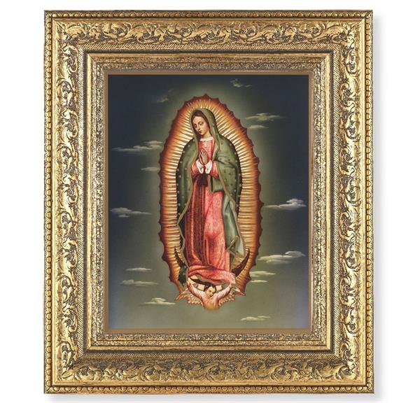 Our Lady of Guadalupe Picture, 12-1/2"x14-1/2, Antique Gold Leaf Carvings Ornate Frame, Italian Print Under Glass # 25508