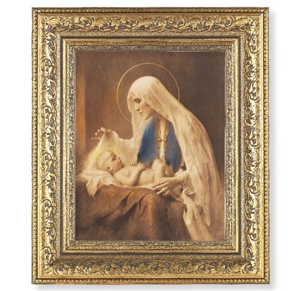 Madonna and Child Picture, 12-1/2"x14-1/2, Antique Gold Leaf Carvings Ornate Frame, Italian Print Under Glass # 25509