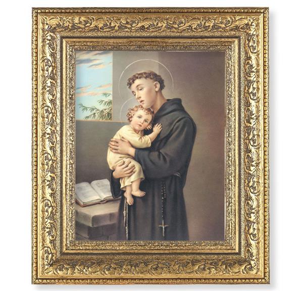 St. Anthony of Padua Picture, 12-1/2"x14-1/2, Antique Gold Leaf Carvings Ornate Frame, Italian Print Under Glass # 25511