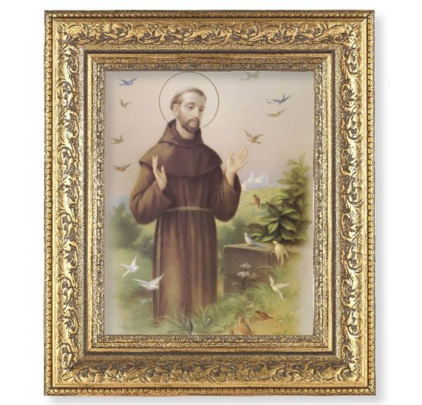 St. Francis of Assisi Picture, 12-1/2"x14-1/2, Antique Gold Leaf Carvings Ornate Frame, Italian Print Under Glass # 25512
