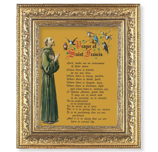 Prayer of St. Francis Picture, 12-1/2"x14-1/2, Antique Gold Leaf Carvings Ornate Frame, Italian Print Under Glass # 25513