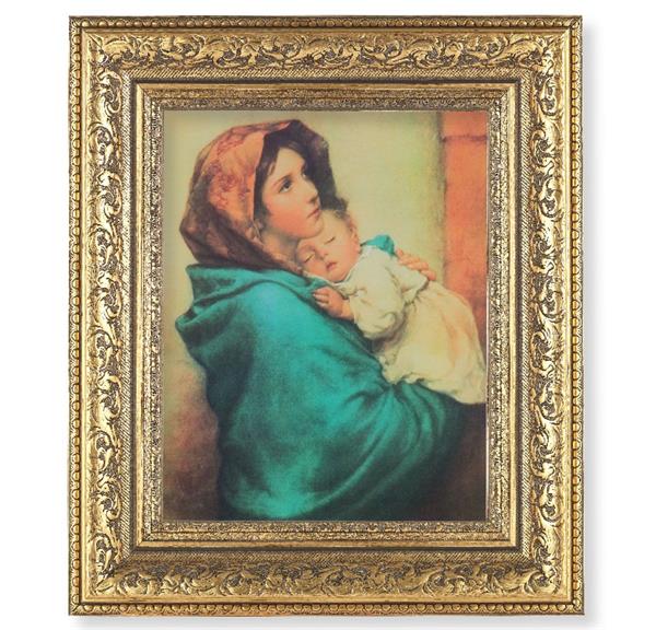 Madonna of The Streets Picture, 12-1/2"x14-1/2, Antique Gold Leaf Carvings Ornate Frame, Italian Print Under Glass # 25514