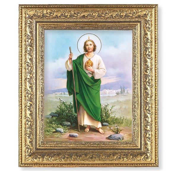 St. Jude Picture, 12-1/2"x14-1/2, Antique Gold Leaf Carvings Ornate Frame, Italian Print Under Glass # 25515