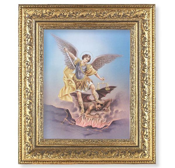 St. Michael Picture, 12-1/2"x14-1/2, Antique Gold Leaf Carvings Ornate Frame, Italian Print Under Glass # 25516