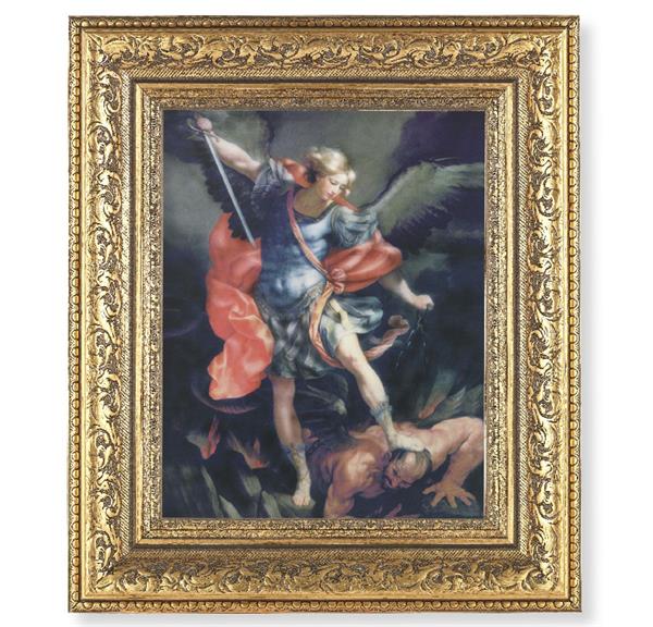 St. Michael Picture, 12-1/2"x14-1/2, Antique Gold Leaf Carvings Ornate Frame, Italian Print Under Glass # 25517