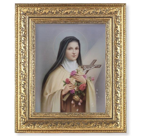 St. Therese of Lisieux Picture, 12-1/2"x14-1/2, Antique Gold Leaf Carvings Ornate Frame, Italian Print Under Glass # 25518