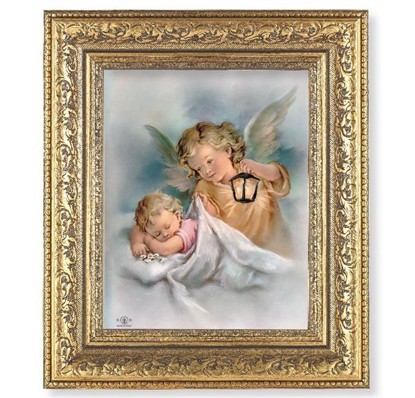 Guardian Angel Picture, 12-1/2"x14-1/2, Antique Gold Leaf Carvings Ornate Frame, Italian Print Under Glass # 25519