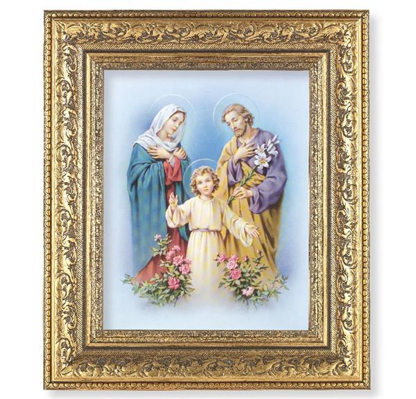 Holy Family Picture, 12-1/2"x14-1/2, Antique Gold Leaf Carvings Ornate Frame, Italian Print Under Glass # 25520