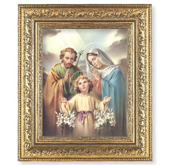 Holy Family Picture, 12-1/2"x14-1/2, Antique Gold Leaf Carvings Ornate Frame, Italian Print Under Glass # 25521