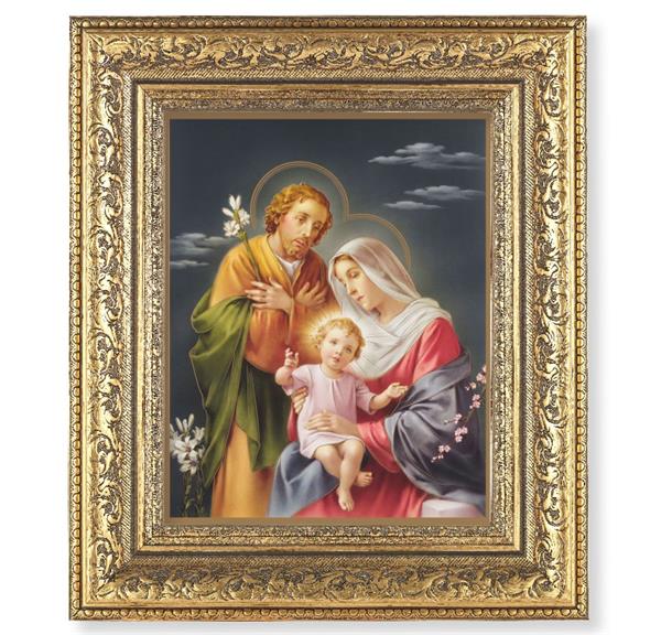 Holy Family Picture, 12-1/2"x14-1/2, Antique Gold Leaf Carvings Ornate Frame, Italian Print Under Glass # 25522
