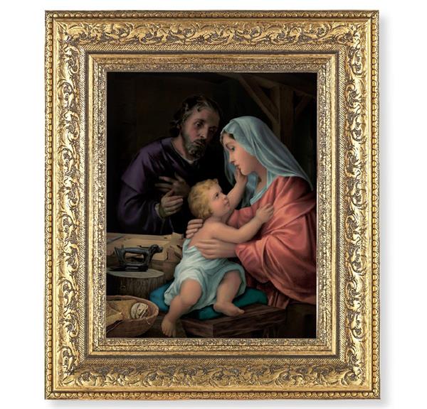 Holy Family Picture, 12-1/2"x14-1/2, Antique Gold Leaf Carvings Ornate Frame, Italian Print Under Glass # 25523