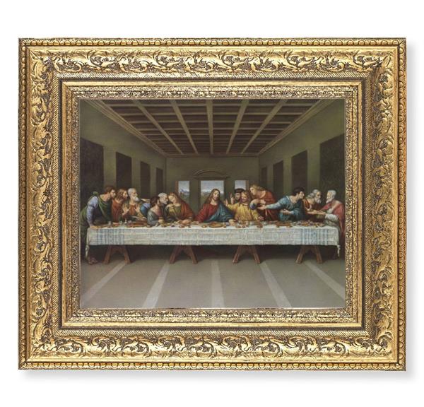 Last Supper Picture, 12-1/2"x14-1/2, Antique Gold Leaf Carvings Ornate Frame, Italian Print Under Glass # 25524