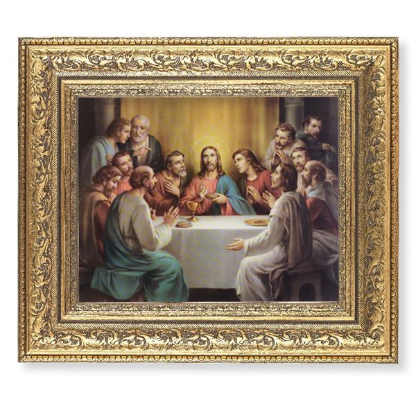 Last Supper Picture, 12-1/2"x14-1/2, Antique Gold Leaf Carvings Ornate Frame, Italian Print Under Glass # 25525