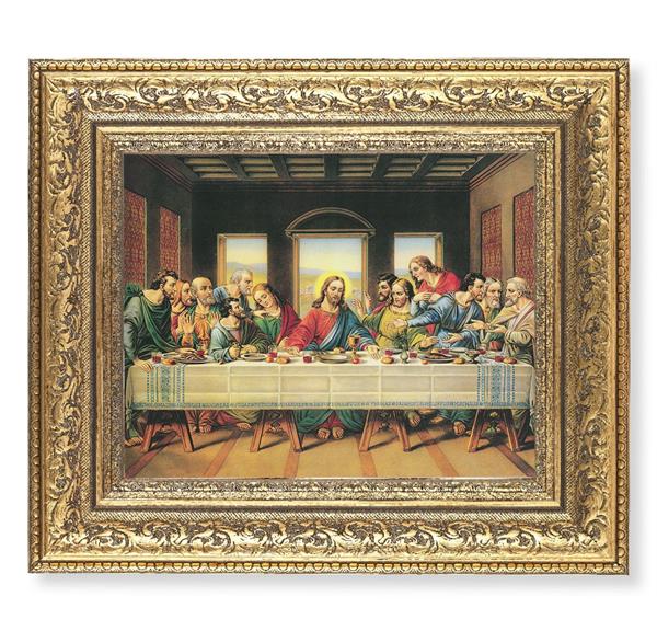 Last Supper Picture, 12-1/2"x14-1/2, Antique Gold Leaf Carvings Ornate Frame, Italian Print Under Glass # 25526