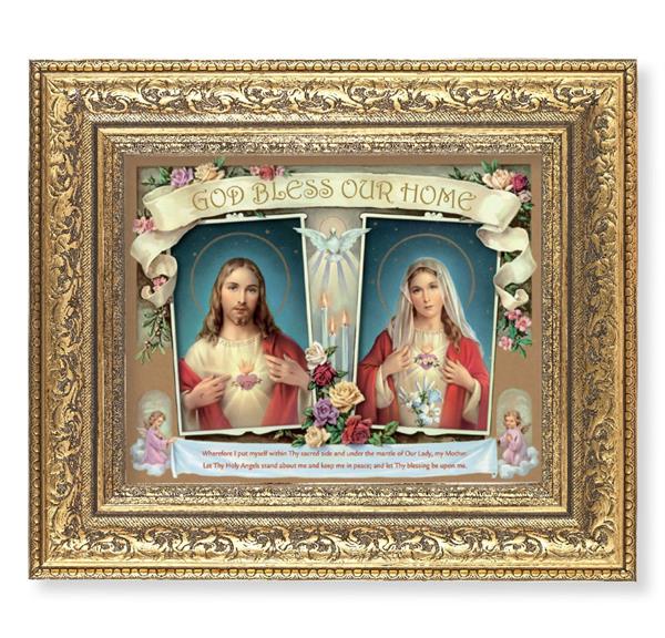 House Blessing Picture, 12-1/2"x14-1/2, Antique Gold Leaf Carvings Ornate Frame, Italian Print Under Glass # 25527