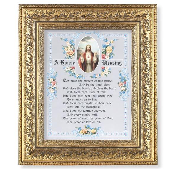 House Blessing Picture, 12-1/2"x14-1/2, Antique Gold Leaf Carvings Ornate Frame, Italian Print Under Glass # 25528