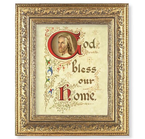 House Blessing Picture, 12-1/2"x14-1/2, Antique Gold Leaf Carvings Ornate Frame, Italian Print Under Glass # 25529