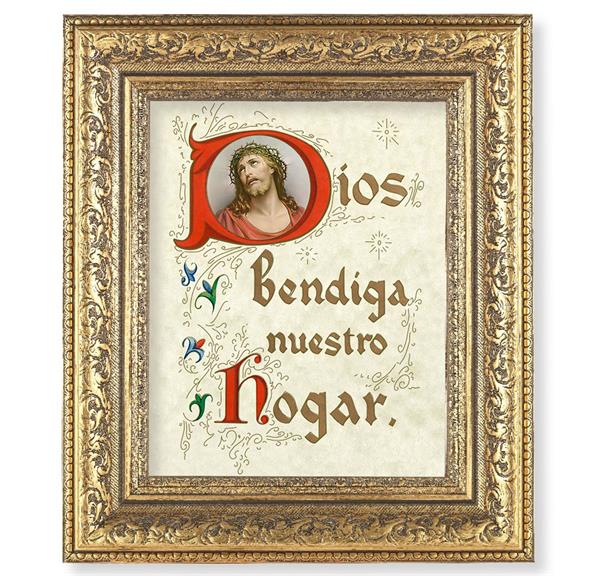 Spanish House Blessing Picture, 12-1/2"x14-1/2, Antique Gold Leaf Carvings Ornate Frame, Italian Print Under Glass # 25530