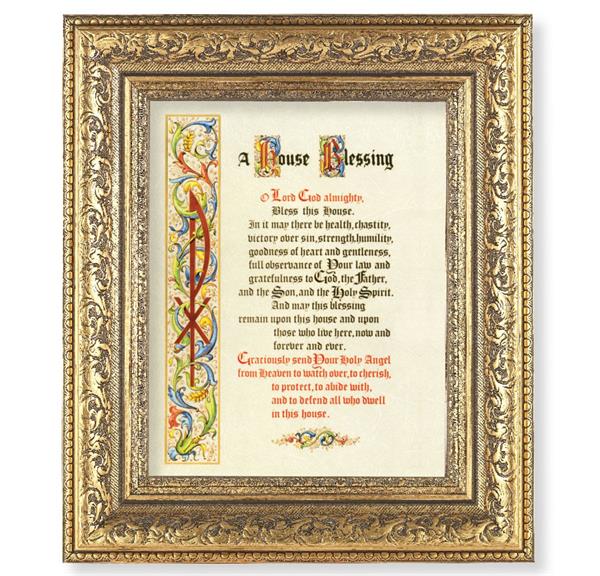 House Blessing Picture, 12-1/2"x14-1/2, Antique Gold Leaf Carvings Ornate Frame, Italian Print Under Glass # 25532