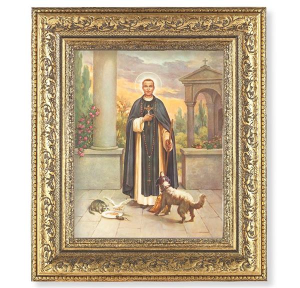 St. Martin DePorres Picture, 12-1/2"x14-1/2, Antique Gold Leaf Carvings Ornate Frame, Italian Print Under Glass # 25533