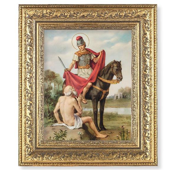 St. Martin of Tours Picture, 12-1/2"x14-1/2, Antique Gold Leaf Carvings Ornate Frame, Italian Print Under Glass # 25534