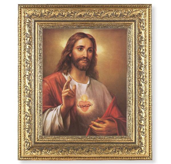 Sacred Heart of Jesus Picture, 12-1/2"x14-1/2, Antique Gold Leaf Carvings Ornate Frame, Italian Print Under Glass # 25535
