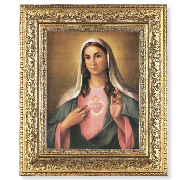 Immaculate Heart of Mary Picture, 12-1/2"x14-1/2, Antique Gold Leaf Carvings Ornate Frame, Italian Print Under Glass # 25536