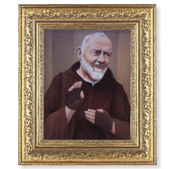 St. Padre Pio Picture, 12-1/2"x14-1/2, Antique Gold Leaf Carvings Ornate Frame, Italian Print Under Glass # 25537