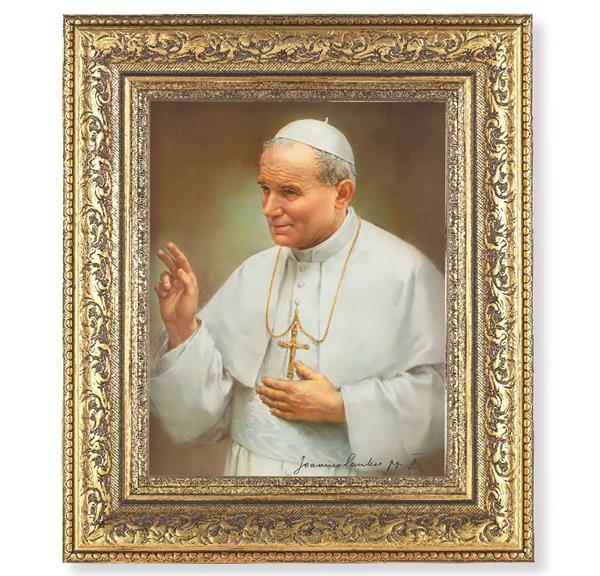 St. John Paul II Picture, 12-1/2"x14-1/2, Antique Gold Leaf Carvings Ornate Frame, Italian Print Under Glass # 25538