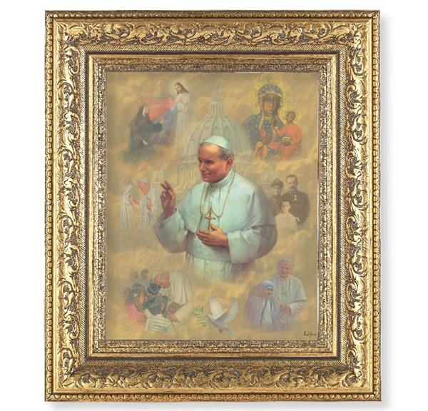 St. John Paul II Picture, 12-1/2"x14-1/2, Antique Gold Leaf Carvings Ornate Frame, Italian Print Under Glass # 25539
