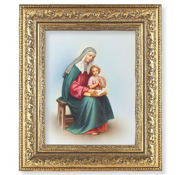 St. Anne Picture, 12-1/2"x14-1/2, Antique Gold Leaf Carvings Ornate Frame, Italian Print Under Glass # 25542