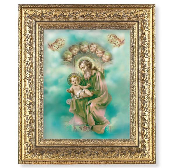 St. Joseph and Child Enthroned Picture, 12-1/2"x14-1/2, Antique Gold Leaf Carvings Ornate Frame, Italian Print Under Glass # 25543