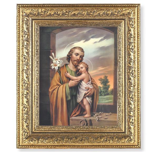 St. Joseph Picture, 12-1/2"x14-1/2, Antique Gold Leaf Carvings Ornate Frame, Italian Print Under Glass # 25544