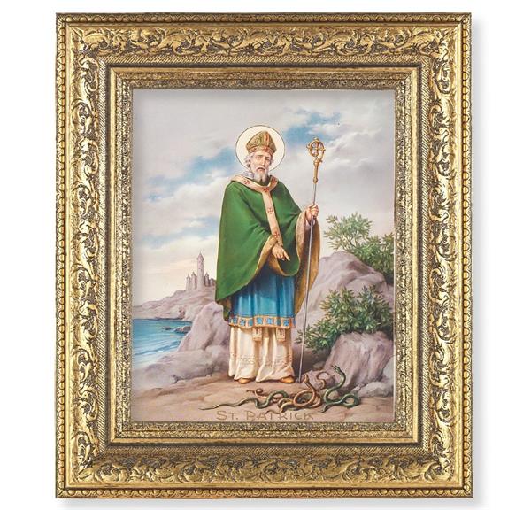 St. Patrick Picture, 12-1/2"x14-1/2, Antique Gold Leaf Carvings Ornate Frame, Italian Print Under Glass # 25545